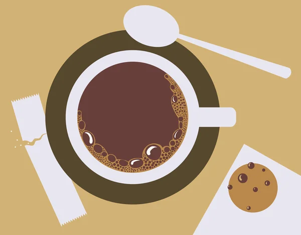 Wektorowy wizerunek filiżanki kawy, cukru, łyżek i ciasteczek — Wektor stockowy