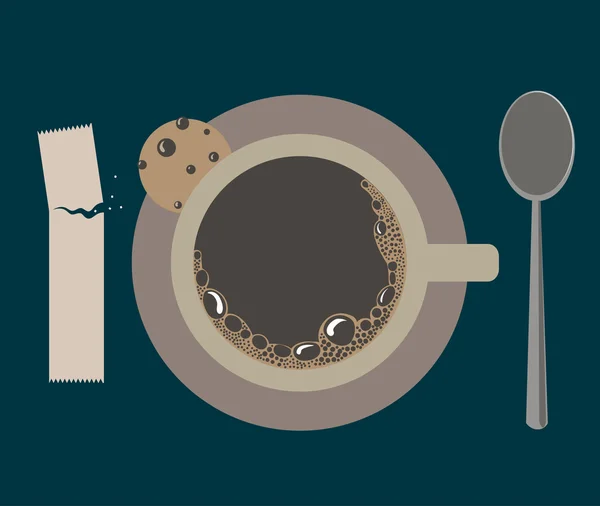 Imagen vectorial de una taza de café, azúcar, cucharas y galletas — Archivo Imágenes Vectoriales