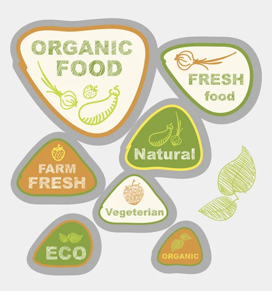Iconos vectoriales, etiquetas, sobre el tema de la ecología, alimentos frescos, vegetarianos, naturales, orgánicos . — Vector de stock