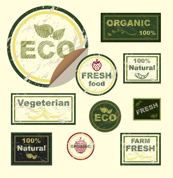 Iconos vectoriales, etiquetas, sobre el tema de la ecología, alimentos frescos, vegetarianos, naturales, orgánicos . — Vector de stock