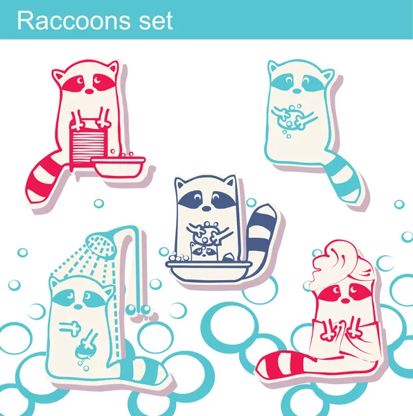 Set of raccoons who wash themselves and wash clothes — Stock Vector
