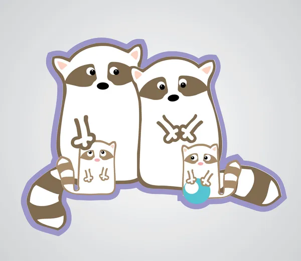 Vector cute raccoon family with two children — Stock Vector