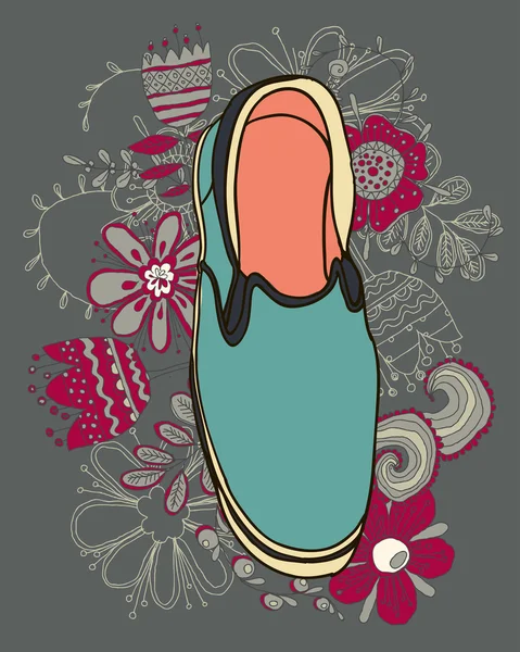 Shoe on grunge floral background — Stock Vector