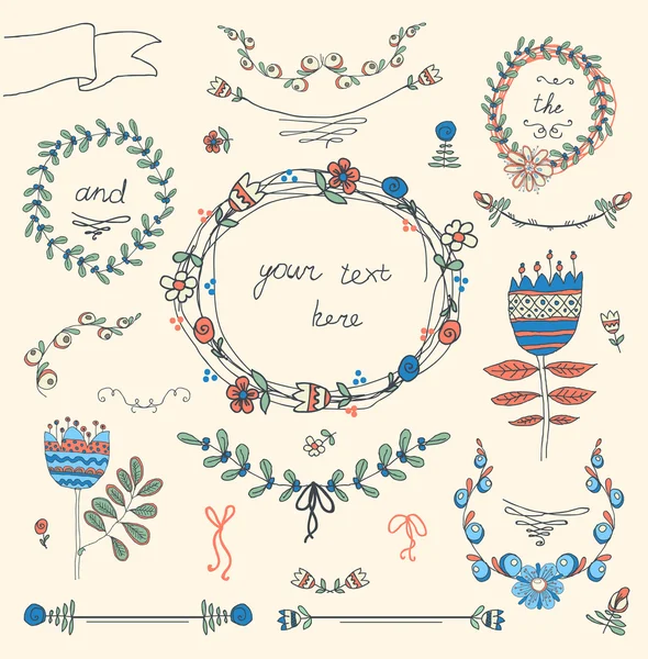 Vintage çerçeveleri ve handdrawn çiçek dekoratif elemanlar