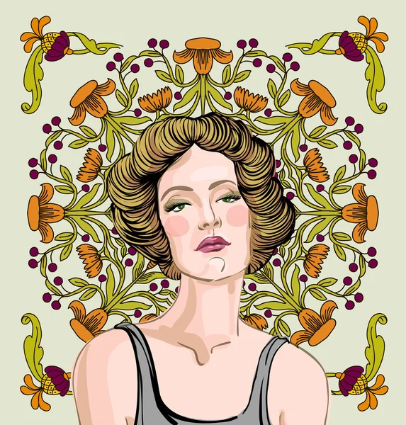 Retrato vectorial de mujer rubia sobre fondo floral — Archivo Imágenes Vectoriales