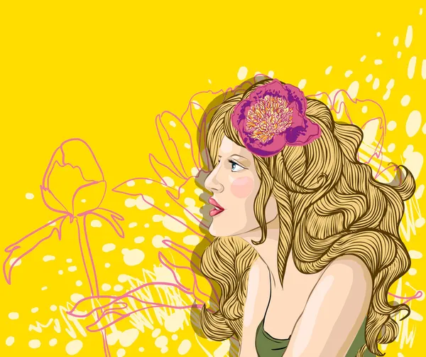 Retrato vectorial de mujer rubia sobre fondo floral — Archivo Imágenes Vectoriales