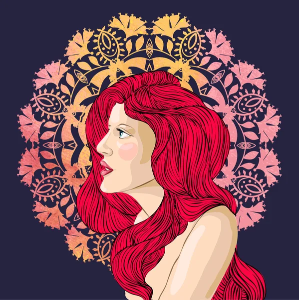 Retrato de una hermosa mujer con el pelo rojo sobre el fondo floral — Vector de stock