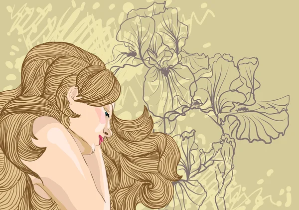 Retrato vectorial de mujer rubia sobre fondo floral — Archivo Imágenes Vectoriales