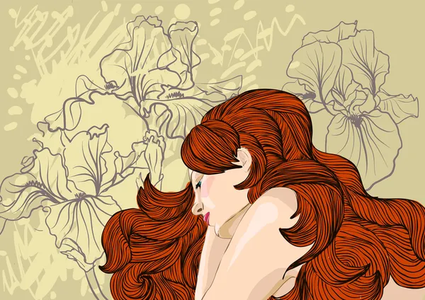 Wektor portret kobiety, Rude włosy na tle kwiatów — Wektor stockowy