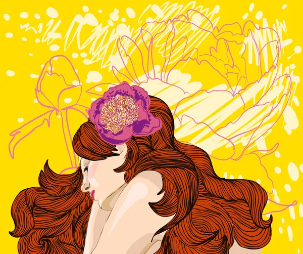 Retrato vectorial de mujer pelirroja sobre fondo floral — Archivo Imágenes Vectoriales