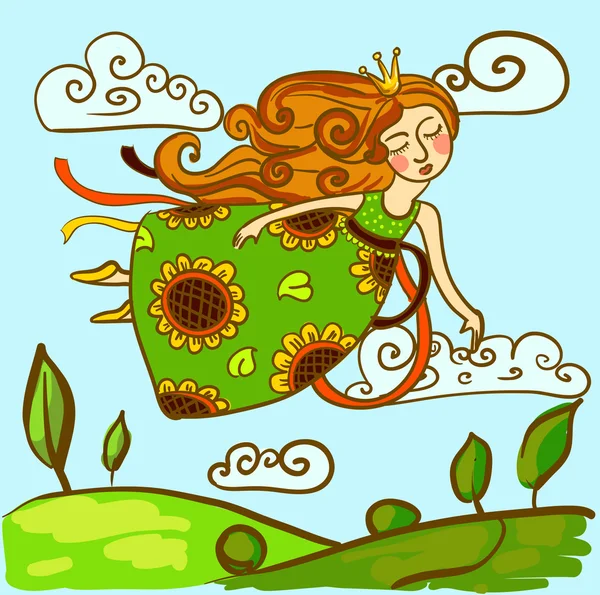 Imagen vectorial de la princesa en un vestido brillante volando en el cielo — Vector de stock