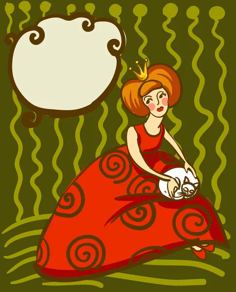 Ilustración vectorial de la princesa en un vestido rojo con un gato blanco en su regazo — Archivo Imágenes Vectoriales