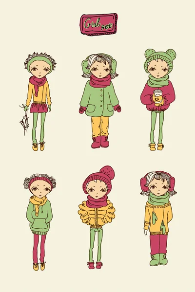 Set of winter teenage vector girls — Stock Vector