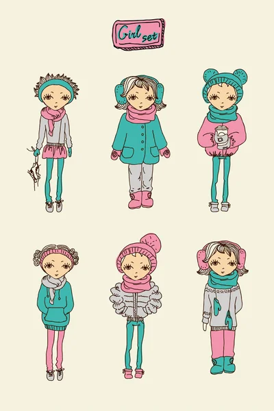 Set of winter teenage vector girls — Stock Vector