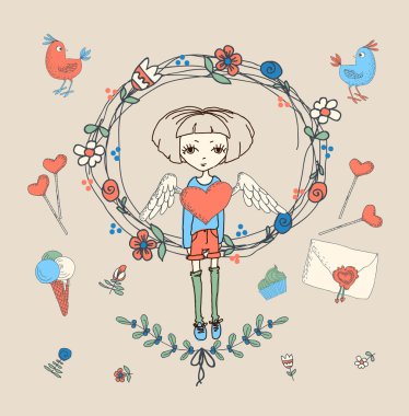 Vintage çerçeveleri ve çizilmiş aşk dekoratif öğeler kümesi