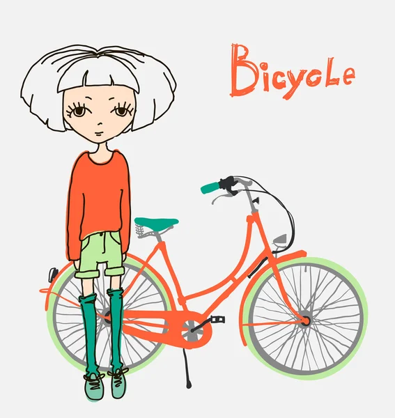Hipster menina com bicicleta — Vetor de Stock