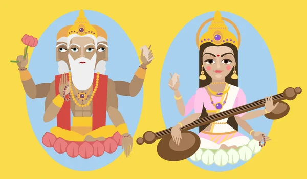 Hindu Goddess Saraswati with deity lord Brahma — Stock Vector