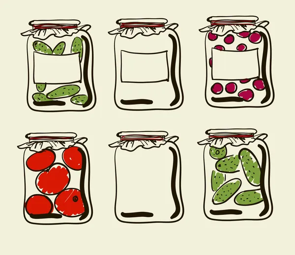 Frascos con conservas de verduras caseras y mermelada . — Vector de stock