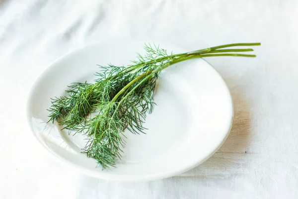 Frischer Grüner Dill Auf Weißem Teller Heller Hintergrund Das Konzept — Stockfoto