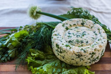 Ahşap bir tahtanın üzerinde baharatlı otlarla ev yapımı organik beyaz peynir. Doğal ışık, güzel arkaplan ve tasarımın için yer var.