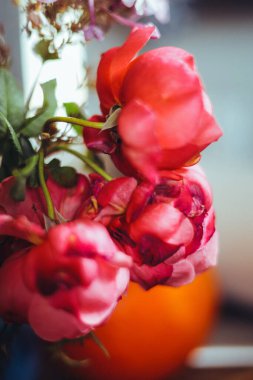 Bir buket parlak gül çiçeği, masasında mavi bir vazoda sardunyalar, bir portakal, yapraklar. Doğal ışık, yakın çekim, güzel arkaplan, dokular.