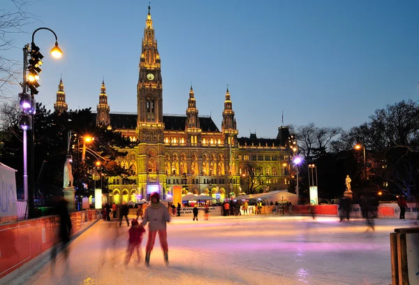 Bécs, Ausztria, a Iceskater és a régi városháza, télen — Stock Fotó