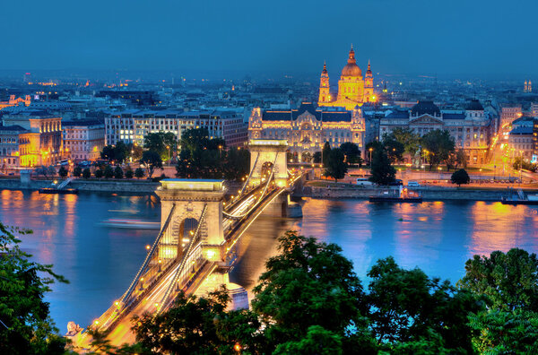 Budapest by Night, City and Chainbridge