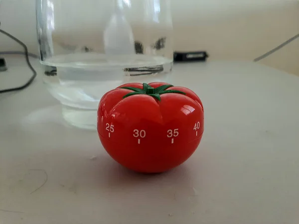 Pomodoro Kitchen Timer Form Red Tomato Laying Wooden Table Colorful — Stock Photo, Image