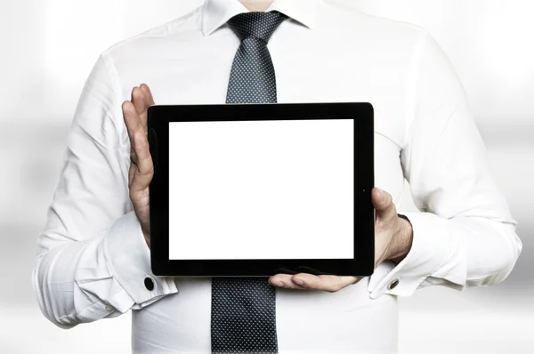 Showing blank tablet screen — Stockfoto