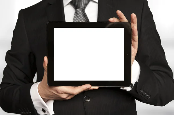 Showing blank tablet screen — Stok fotoğraf