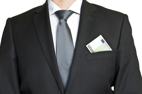 Businessman in suit and tie with 100 euro banknote in pcket — Stock Photo, Image