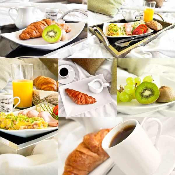 Hälsosam frukost serveras till sängs - collage av sex bilder — Stockfoto