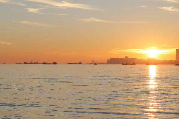 Beautiful Sunset Photos Panorama Sea Ships — Stock Photo, Image