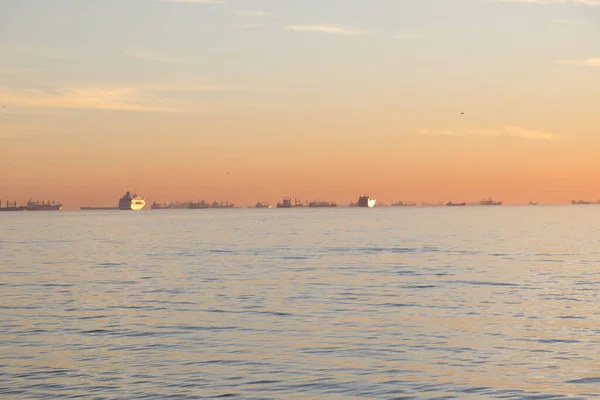 Beautiful Sunset Photos Panorama Sea Ships — Stock Photo, Image