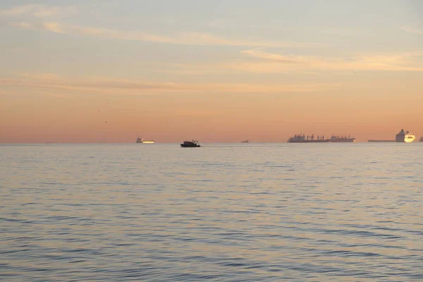 Beautiful Sunset Photos Panorama Sea Ships — Stock Photo, Image