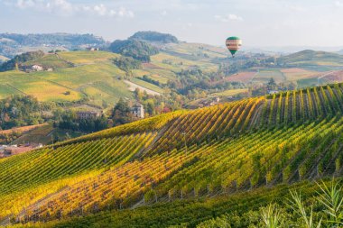 Sonbahar mevsiminde Barolo köyünü çevreleyen güzel tepeler ve üzüm bağları. Langhe bölgesinde, Cuneo, Piedmont, İtalya.