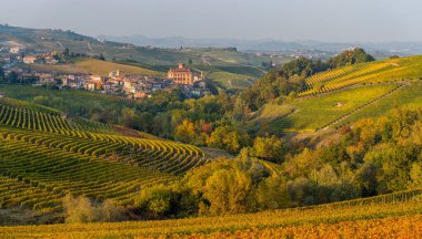 Sonbahar mevsiminde Barolo köyünü çevreleyen güzel tepeler ve üzüm bağları. Langhe bölgesinde, Cuneo, Piedmont, İtalya.