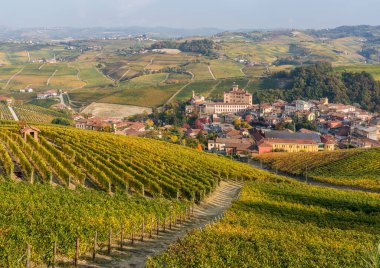 Sonbahar mevsiminde Barolo köyünü çevreleyen güzel tepeler ve üzüm bağları. Langhe bölgesinde, Cuneo, Piedmont, İtalya.