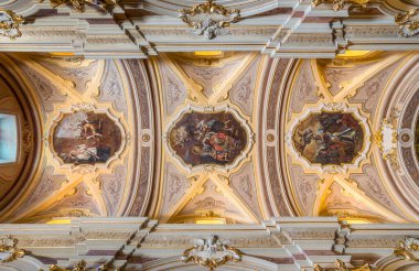 The marvelous vault in the Santuario di San Donato Church, in the village of San Donato Val di Comino, in the Province of Frosinone, Lazio, central Italy. July-09-2022