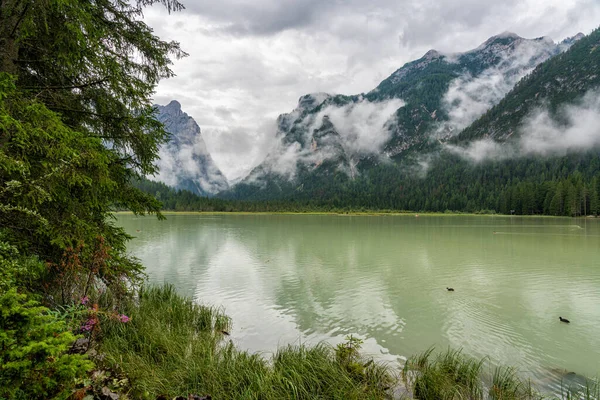 Rainy Landscape Dobbiaco Lake Province Bolzano Trentino Alto Adige Italy — Stock Photo, Image
