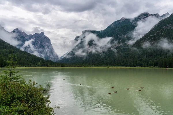 Regenlandschap Aan Het Meer Van Dobbiaco Provincie Bolzano Trentino Alto — Stockfoto