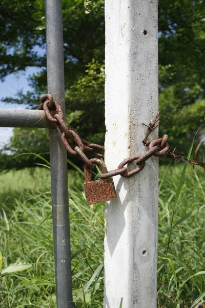 Padlock with an iron chain at fence — Stock Photo, Image