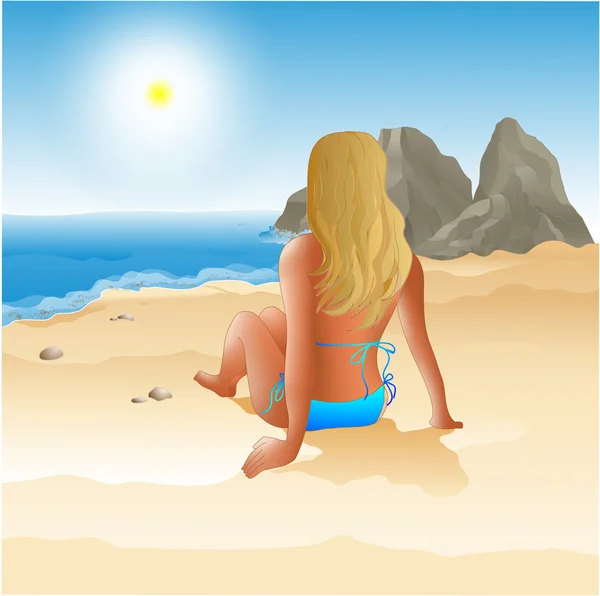 Море, горы, солнце, пляж, девушка — стоковый вектор