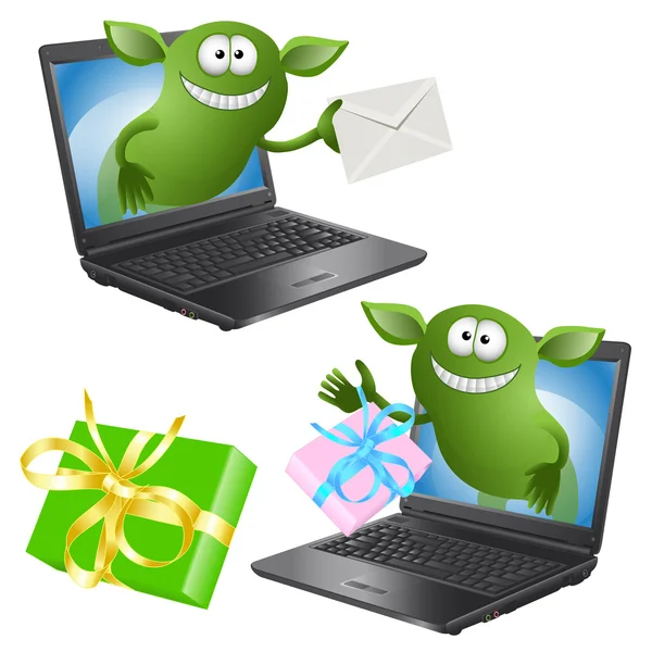 Υπολογιστή, Πράσινη τέρατα, γράφοντας, δώρο — Διανυσματικό Αρχείο
