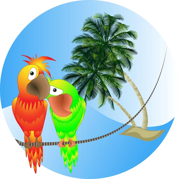 Векторная иллюстрация морской пейзаж с пальмами и попугаями — стоковый вектор