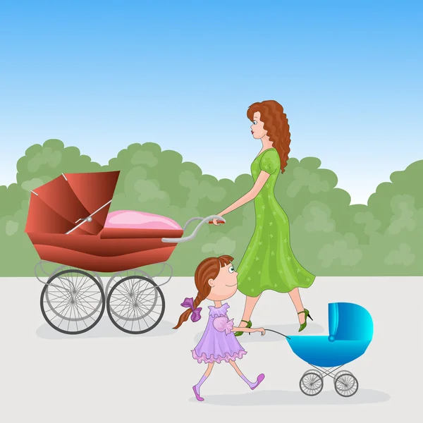 Damen mit Kinderwagen — Stockvektor