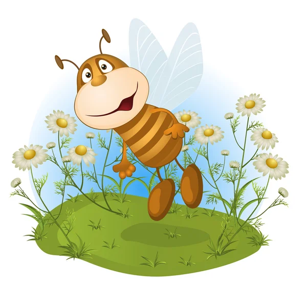꽃 숲 사이의 빈 터에 재미 있는 꿀벌 — 스톡 벡터