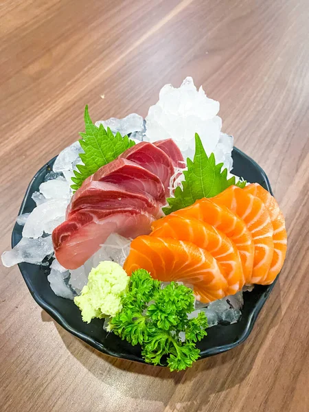 Fresh Salmon Hamachi Slide Table Japanese Food — Stockfoto