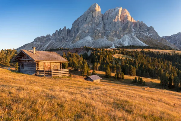 Alpok Táj Faház Körül Fák Dolomite Hegyek Dél Tirol Területén — Stock Fotó