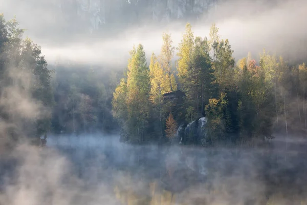 Piękne Kolorowe Drzewa Jeziorem Jesienią Krajobraz Fotografia Późna Jesień Wczesna — Zdjęcie stockowe